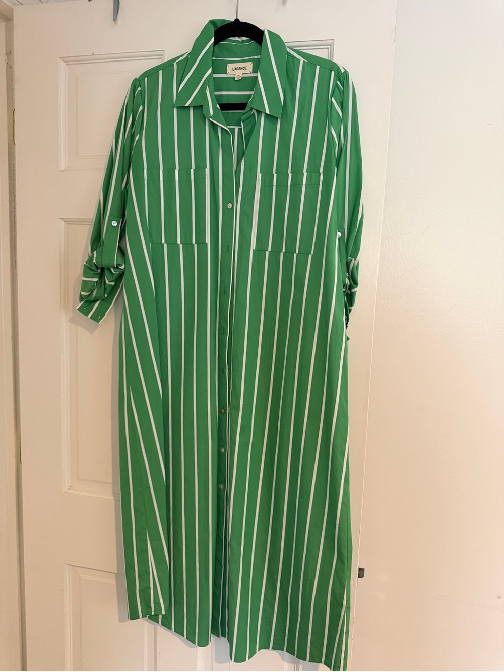 L'AGENCE Green and White Vertical Stripe Midi Shirt Dress